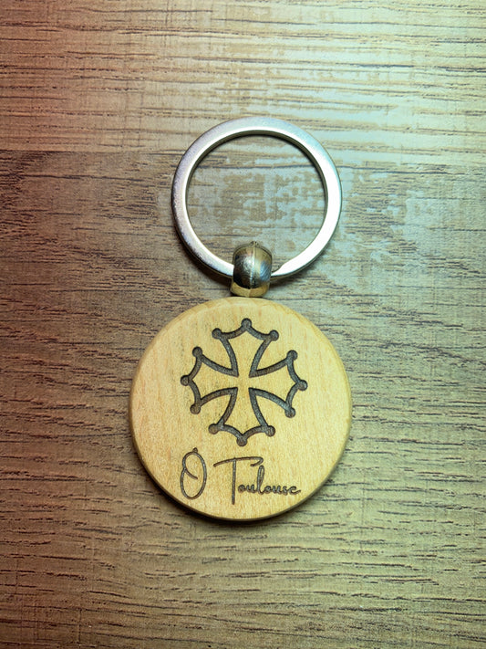 Porte clefs rond en bois - Croix Occitane